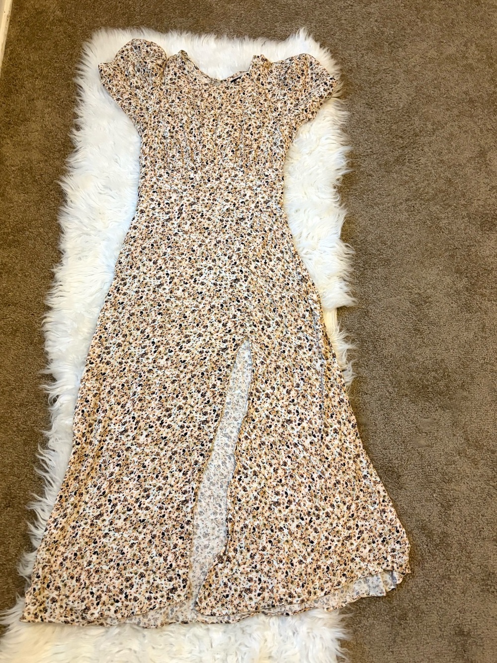 Floral Smocked Maxi Dress Side Slit Puff Sleeve Cottagecore